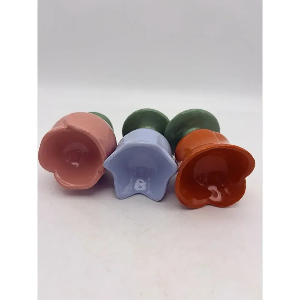 Set of 3 Ceramic Tulip Flower Egg Cups, Multicolor Glossy Pedestal Holders